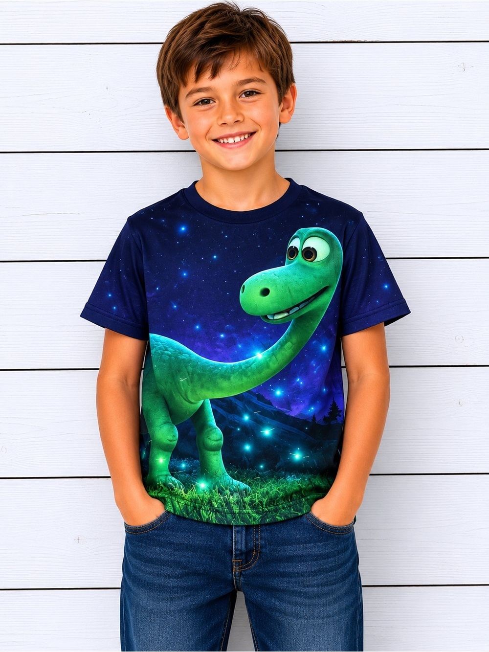 Boys Navy Short-Sleeve Tee with Green Dino Night Sky Graphic